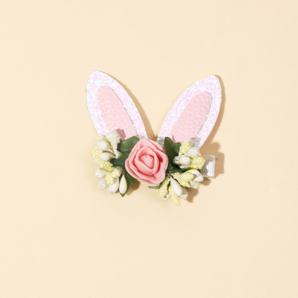 Wholesale baby solid color flower rabbit ears cute side hairclip